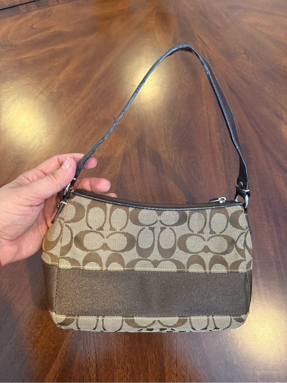 Coach Brown Signature Canvas Shoulder Bag with Dark Trim